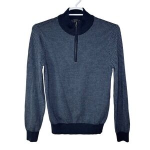 Saks Fifth Avenue BLACK Sweater Mens Medium Navy Blue Wool Houndstooth 1/4 Zip
